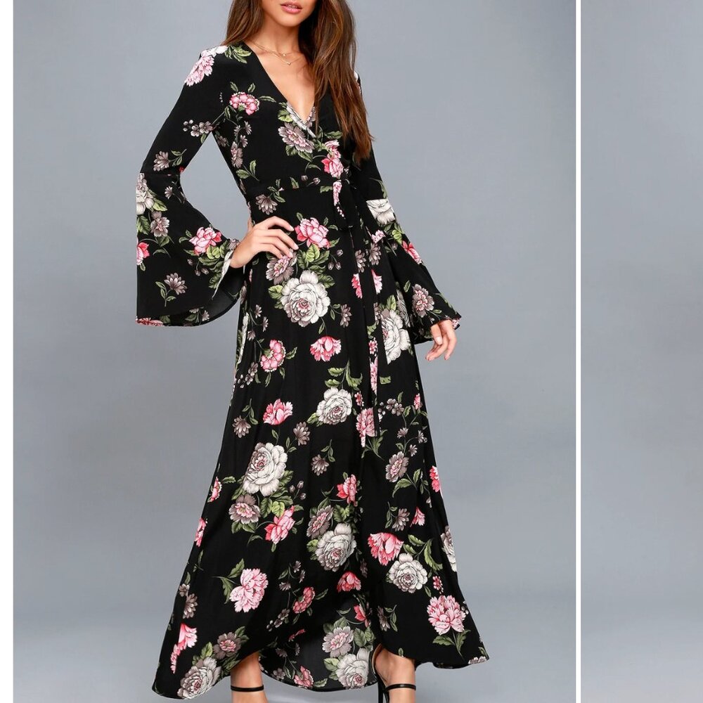 Floralina Black Floral Print Wrap Maxi Dress